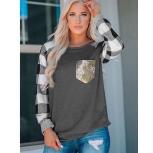 Plaid sleeve sequin pocket top buffalo plaid